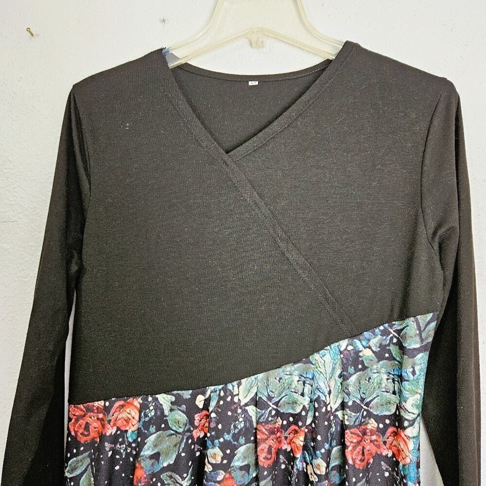 Generic Casual Stitching flower Print Elegant Black Midi Dress Size Medium - Picture 3 of 6